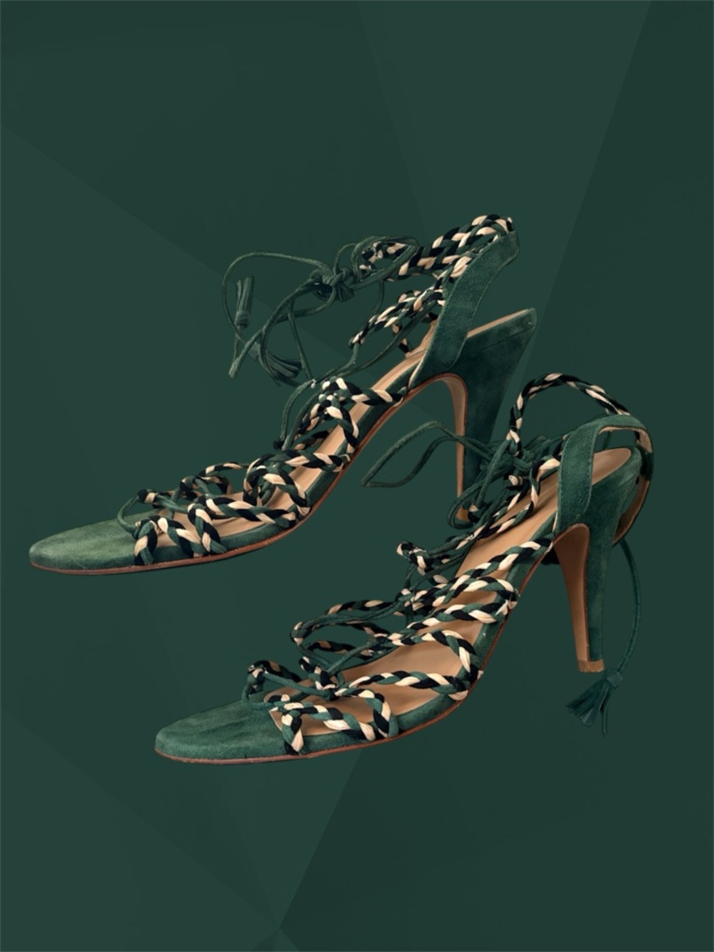 Sezane Green Suede Lace Up Ankle Sandals Size 40/9